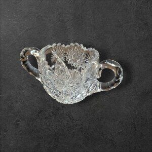 Cut Glass Sugar Bowl With Double‎ Handles Starburst Design Vintage
